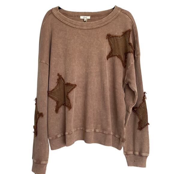 Easel Waffle Knit Top with Star Patches Mineral Wash Brown - Picture 1 of 4